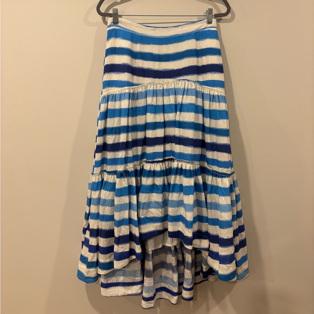 Maeve Anthropologie Striped A-Line Midi Skirt Blue White Hi-Low Tiered sz Medium